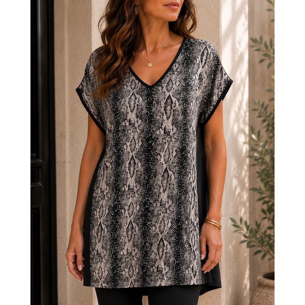 Ted Baker Truei Snakeskin Print Modal Tunic Top V-Neck Dolman Black 12 (Ted4)
